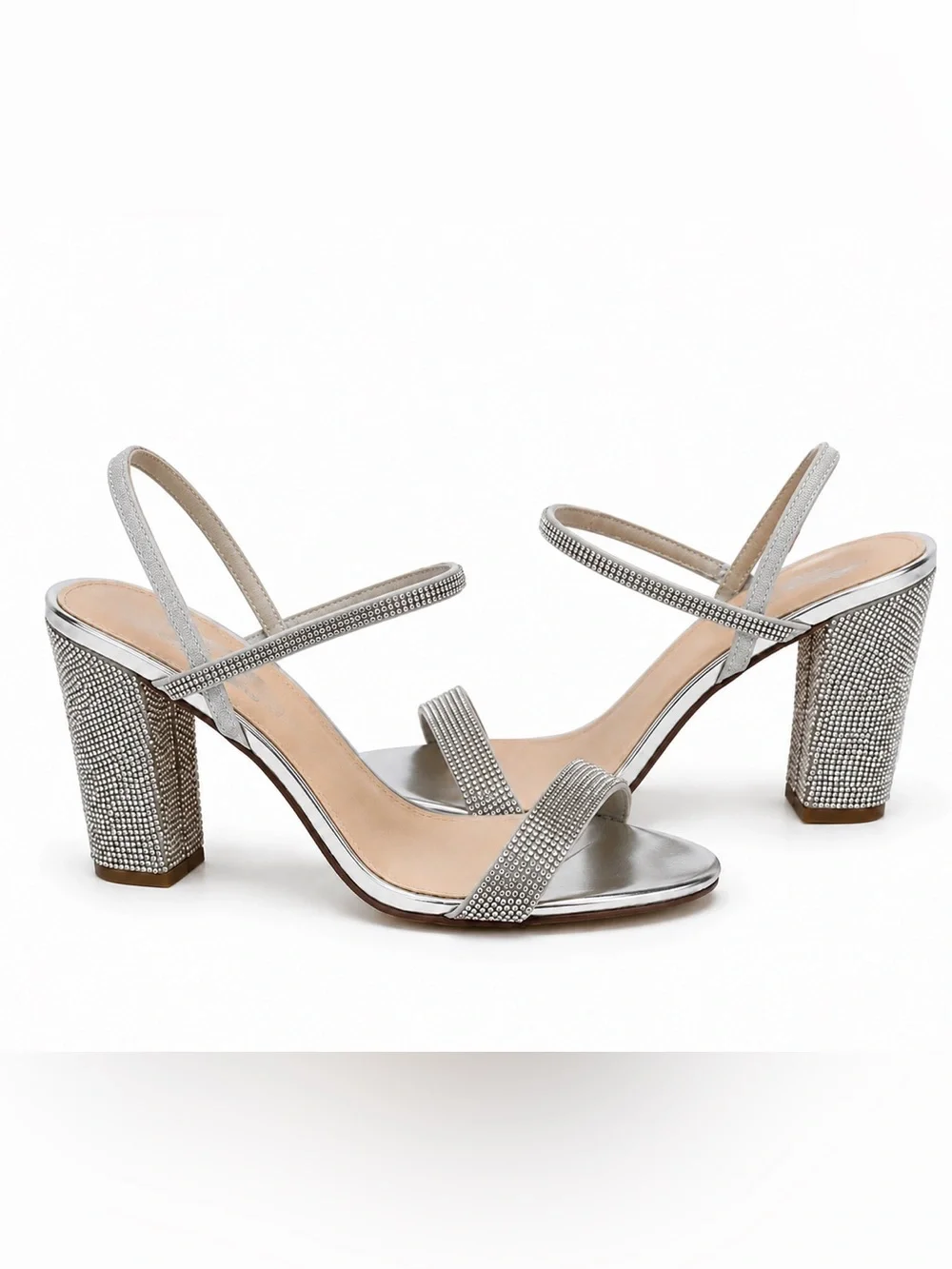 N by Nina Women's Silver Rhinestone SANCHIA Evening Chunky Heel Sandals 10